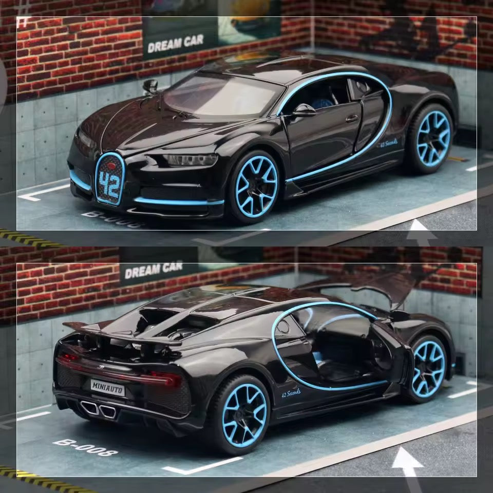 Blue and black Bugatti Chiron 1:32 scale diecast model with opening doors and LED headlights turned on.