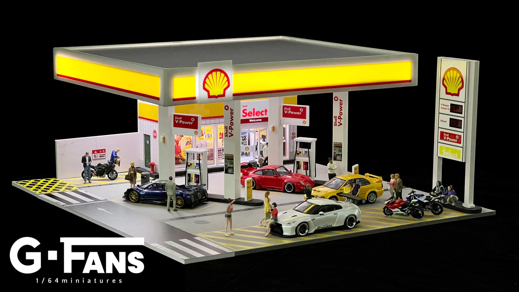 1:64 Scale Shell Gas Station Diorama with LED lights on