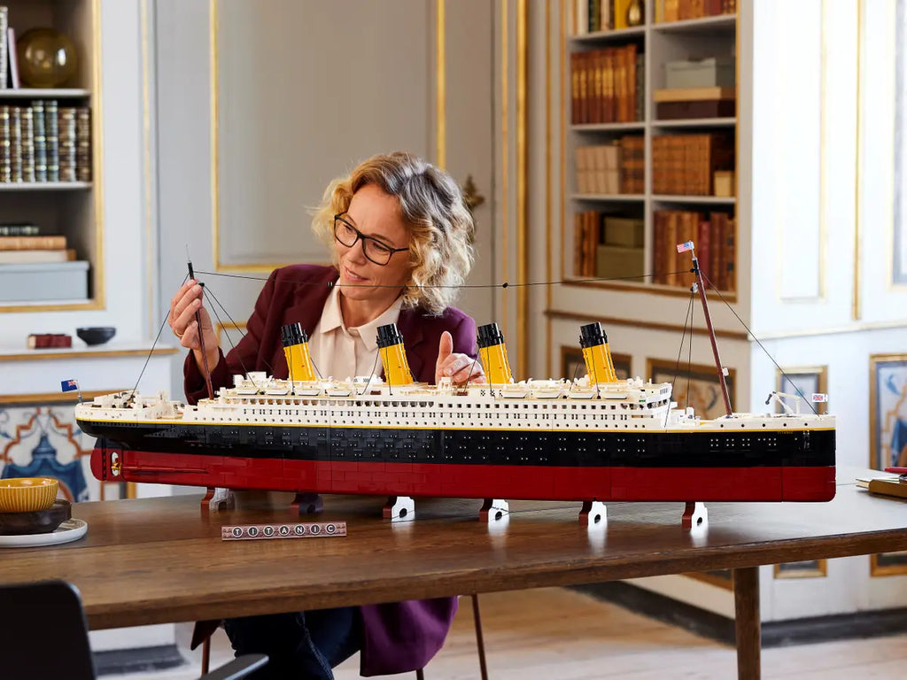 1.35 meter long LEGO Titanic model displayed on shelf