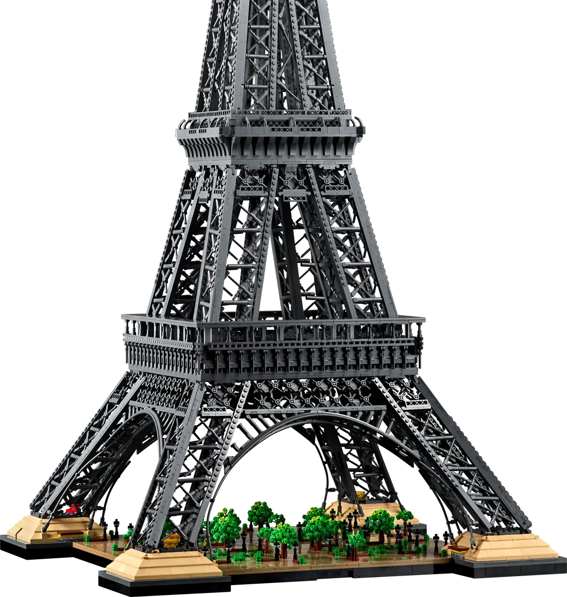 Detail of LEGO Eiffel Tower esplanade with trees and lamp posts