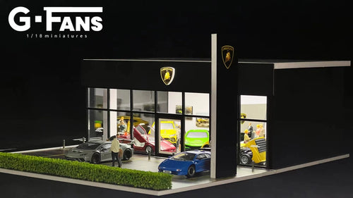 1:64 scale Lamborghini dealership diorama with LED lights on