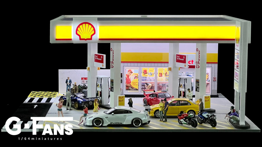 1:64 scale Shell petrol station diorama with fuel pumps