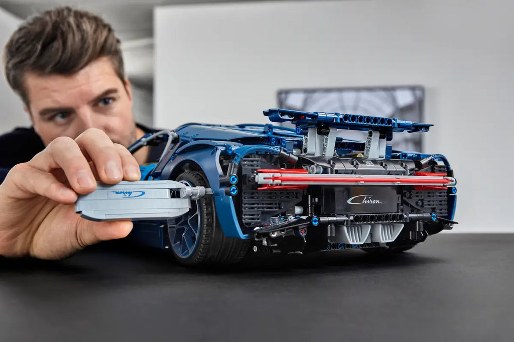 Rear view of Bugatti Chiron LEGO model showing active wing and speed key