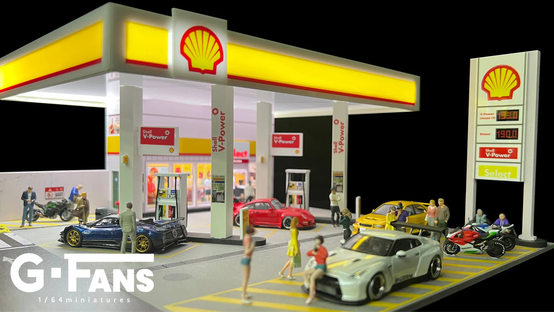 Diecast cars parked at 1/64 scale Shell forecourt