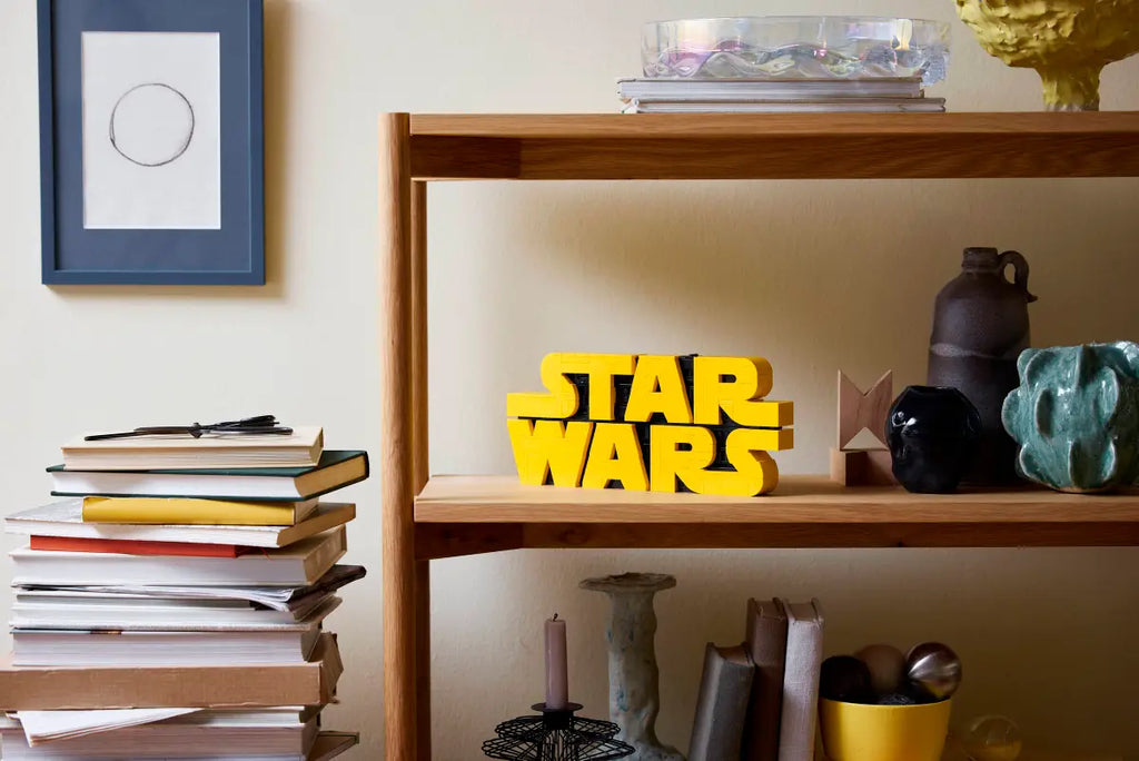 LEGO Star Wars logo displayed on a shelf with other sets