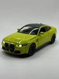 1:32 scale BMW M4 diecast model car in Lime Green with alloy metal body and realistic rubber tires, side profile view.
