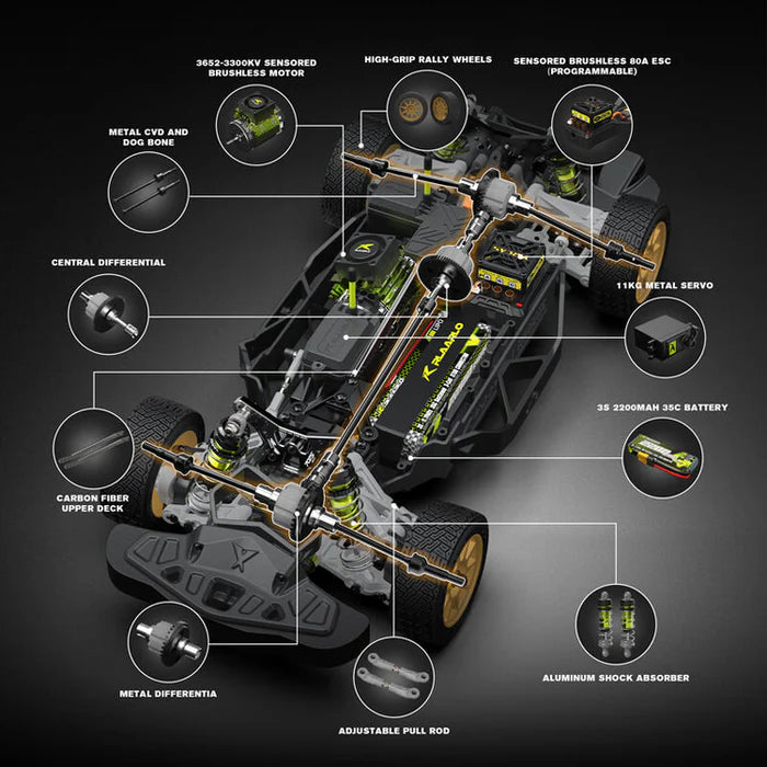 Rlaarlo XTS S-10 1/10 Scale 4WD Brushless RC Rally Car - RTR (Carbon Fiber Edition) Hobby Grade