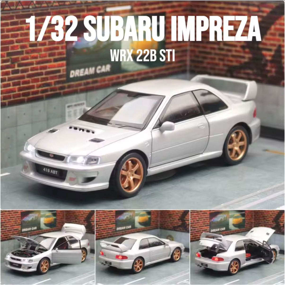 1:32 scale Subaru Impreza 22B STI diecast model in silver 