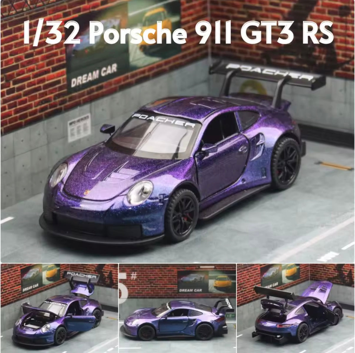 1:32 scale Porsche 911 GT3 RS 992 diecast model in purple 