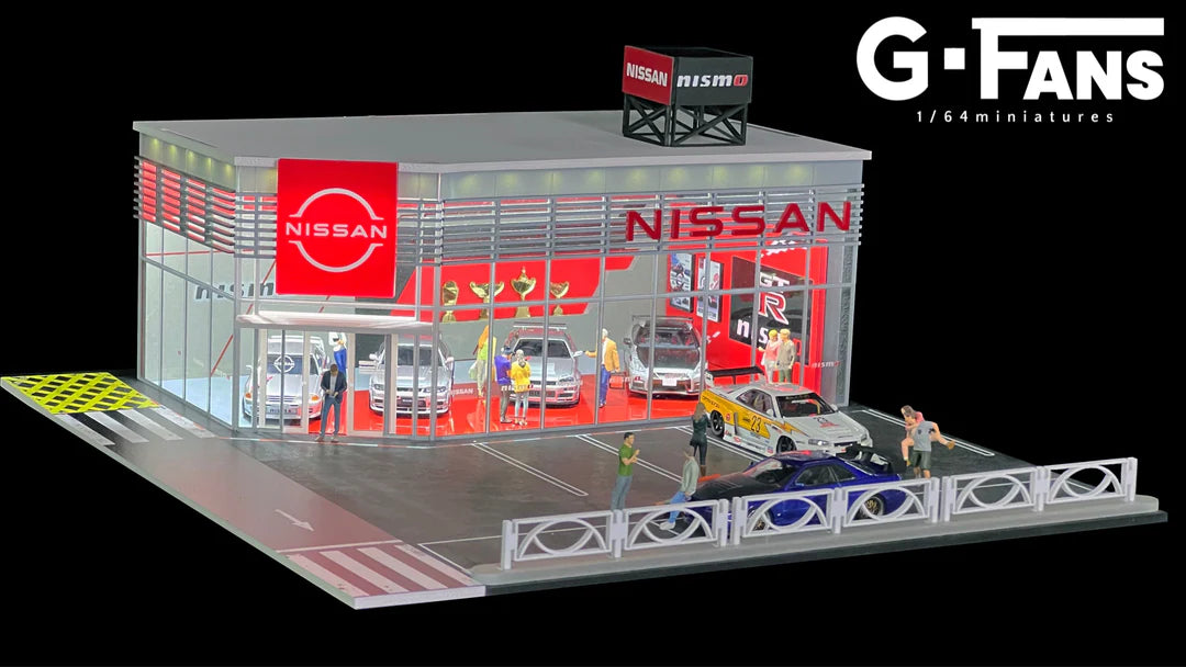 Front view of G-Fans 1:64 Nissan Nismo dealership diorama with LED lights on.