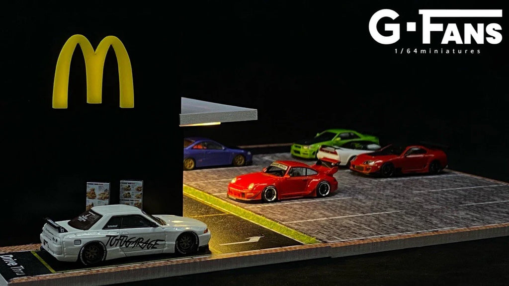 Close up of fast food restaurant drive-thru and interior details.