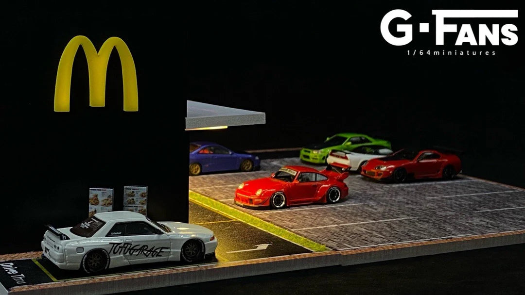 Close up of fast food restaurant drive-thru and interior details.