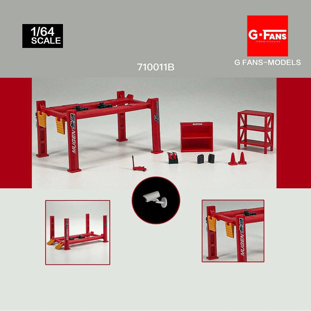 Red 4-post diecast car lift with miniature tool chest