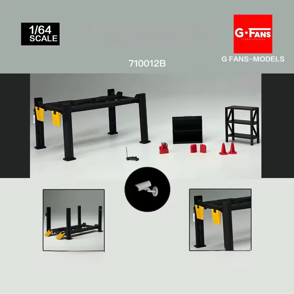 G.FANS 1:64 scale black garage car lift with mechanic tools