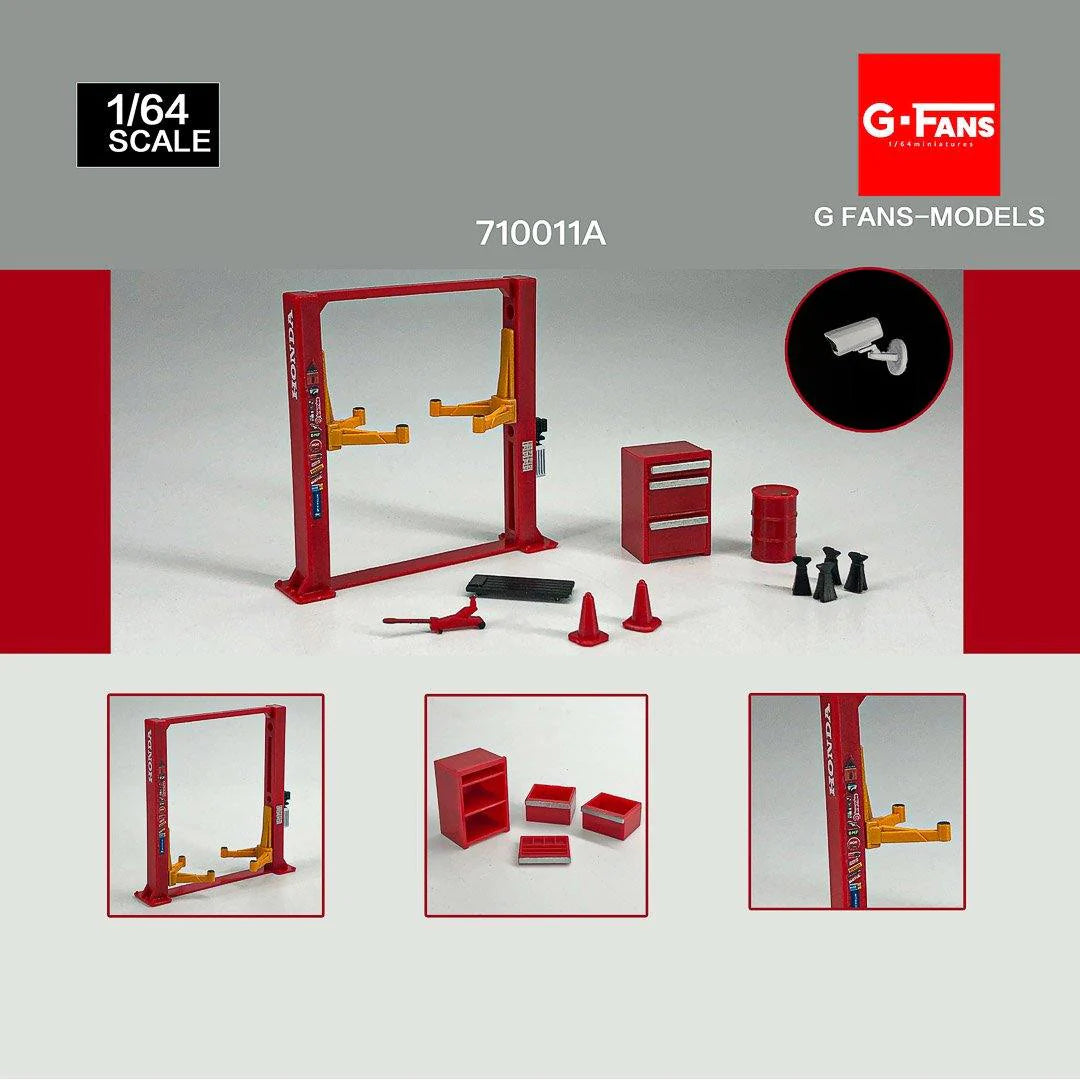 G.FANS 1:64 scale red 2-post car lift for diecast dioramas