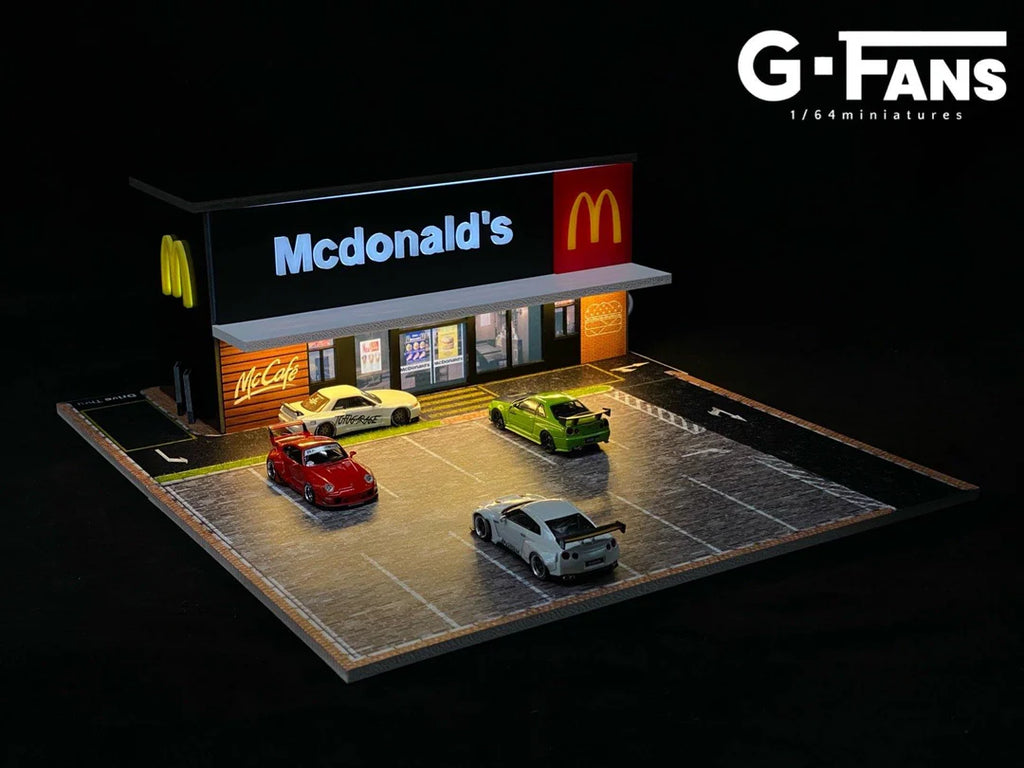 Front view of G-Fans 1:64 McDonald's diorama with LED lights on.