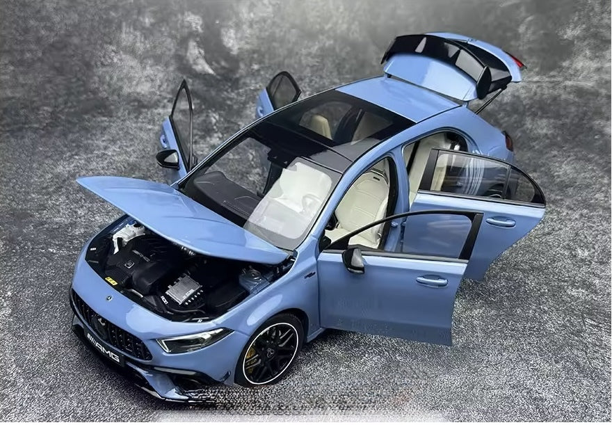 1:18 scale Kiloworks Mercedes-Benz AMG A45S model car with all doors, hood, and trunk open to display the interior cabin and engine bay layout.