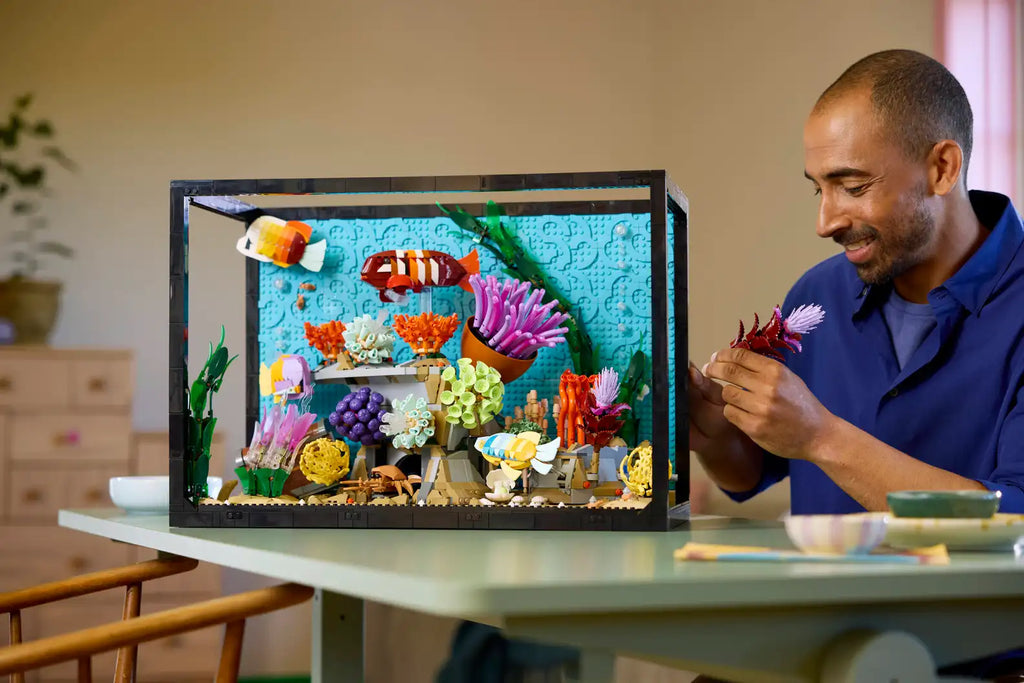 LEGO Aquarium displayed on a modern living room shelf