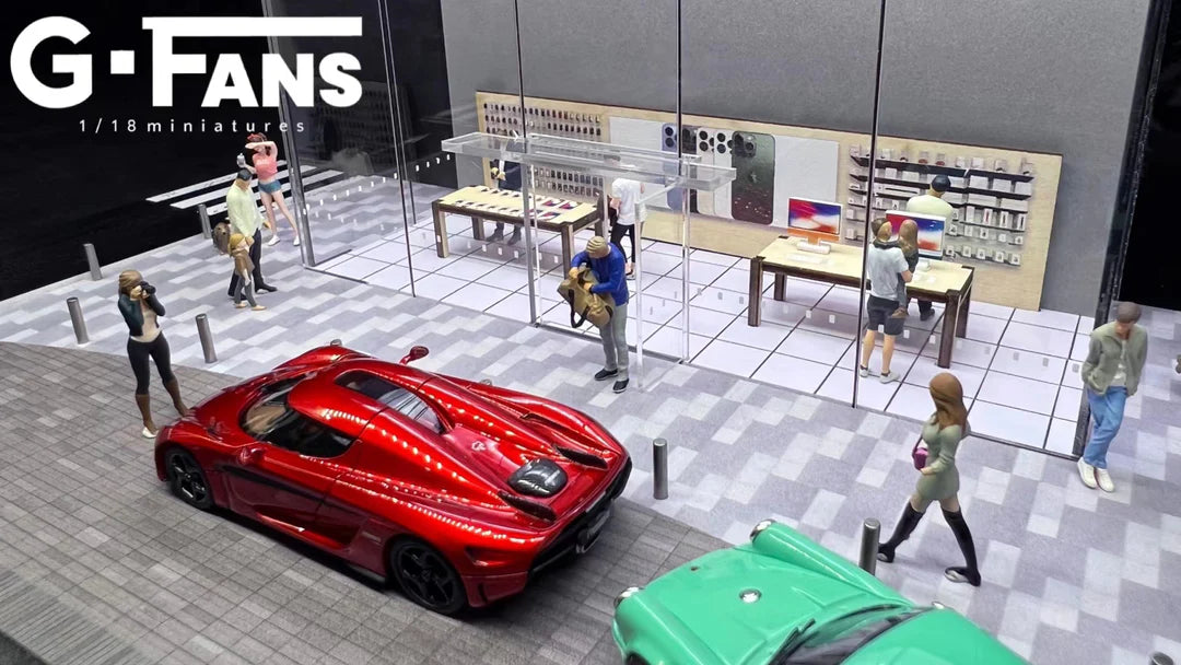 Interior view of miniature Apple Store showing display tables