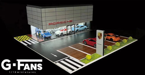 1:64 scale Porsche dealership diorama with LED lights on