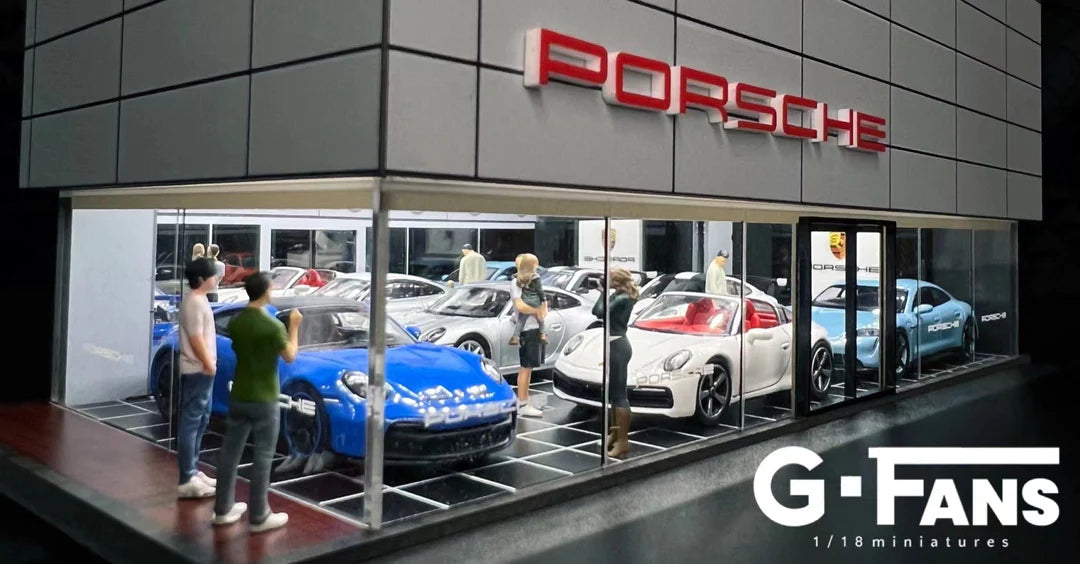 1:64 Scale Porsche Dealership Diorama & Garage Showroom (G-FANS 710031) LED Display
