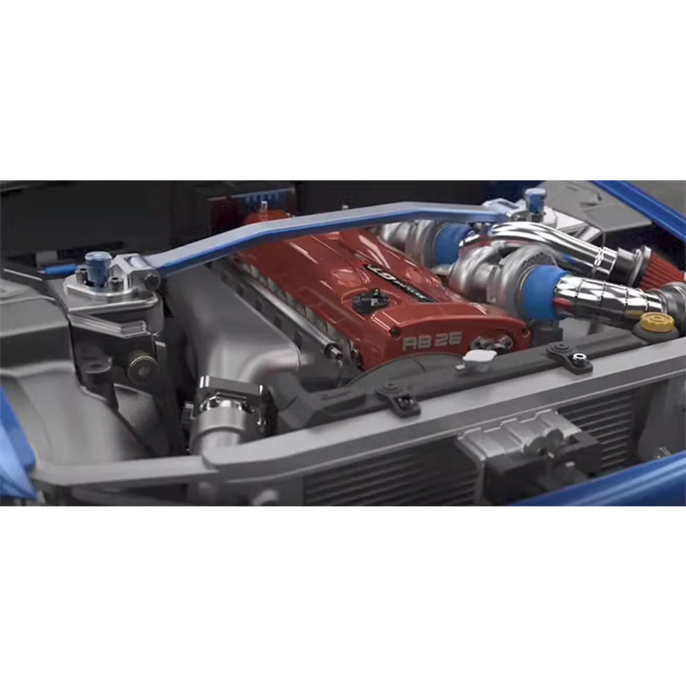 Detailed engine bay of Capo R34 RC car showing magnesium alloy parts