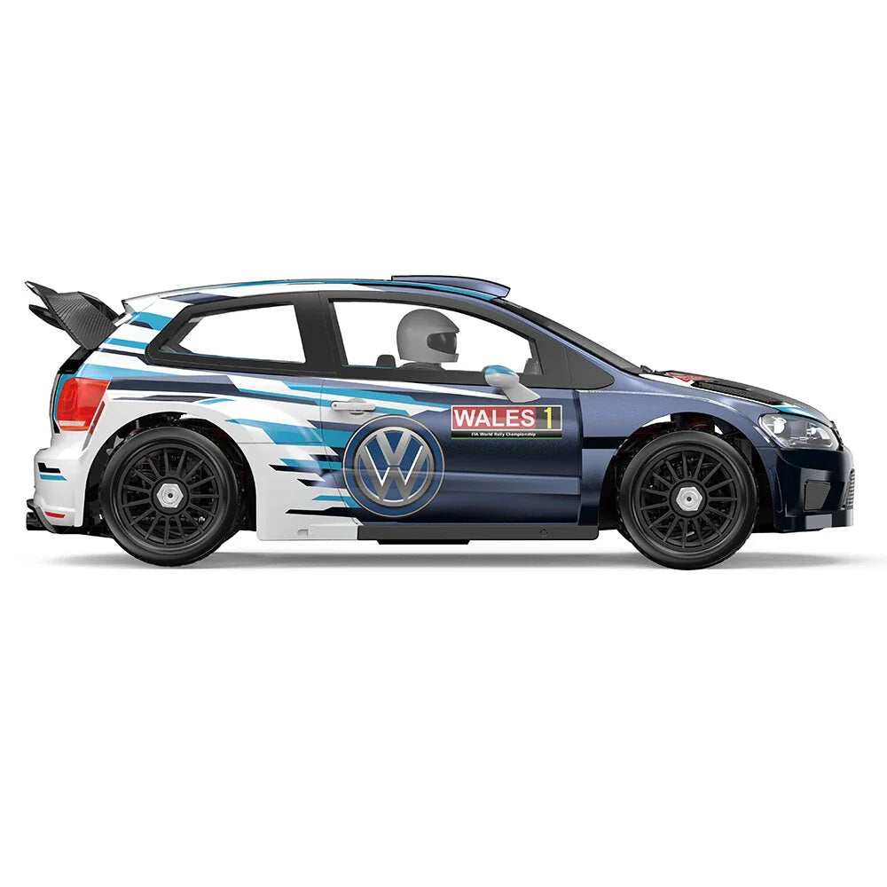 Right side profile of MJX 7304 drift car showing authentic VW livery