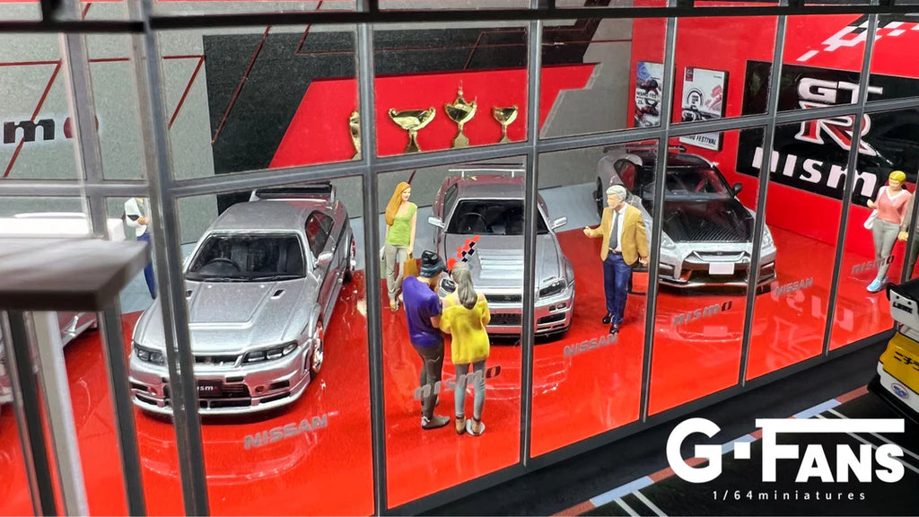 Close up of Nismo showroom interior with diecast cars on display.