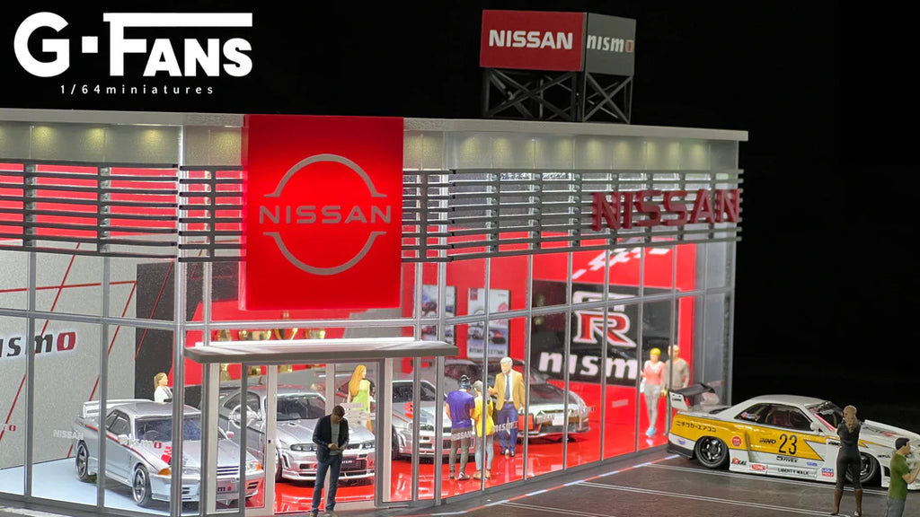 Close up of Nismo showroom interior with diecast cars on display.