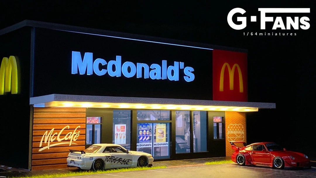 Close up of fast food restaurant drive-thru and interior details.
