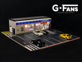 Front view of G-Fans 1:64 Lawson store diorama with LED signage lit up.