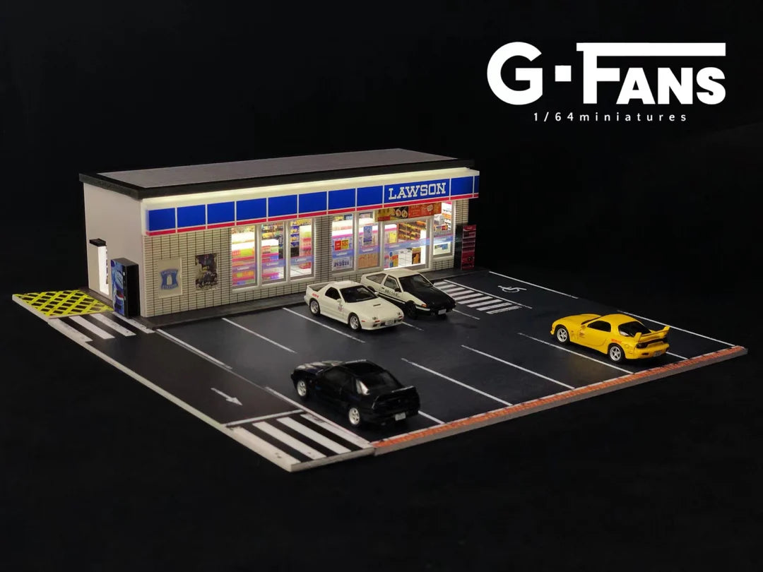 Front view of G-Fans 1:64 Lawson store diorama with LED signage lit up.