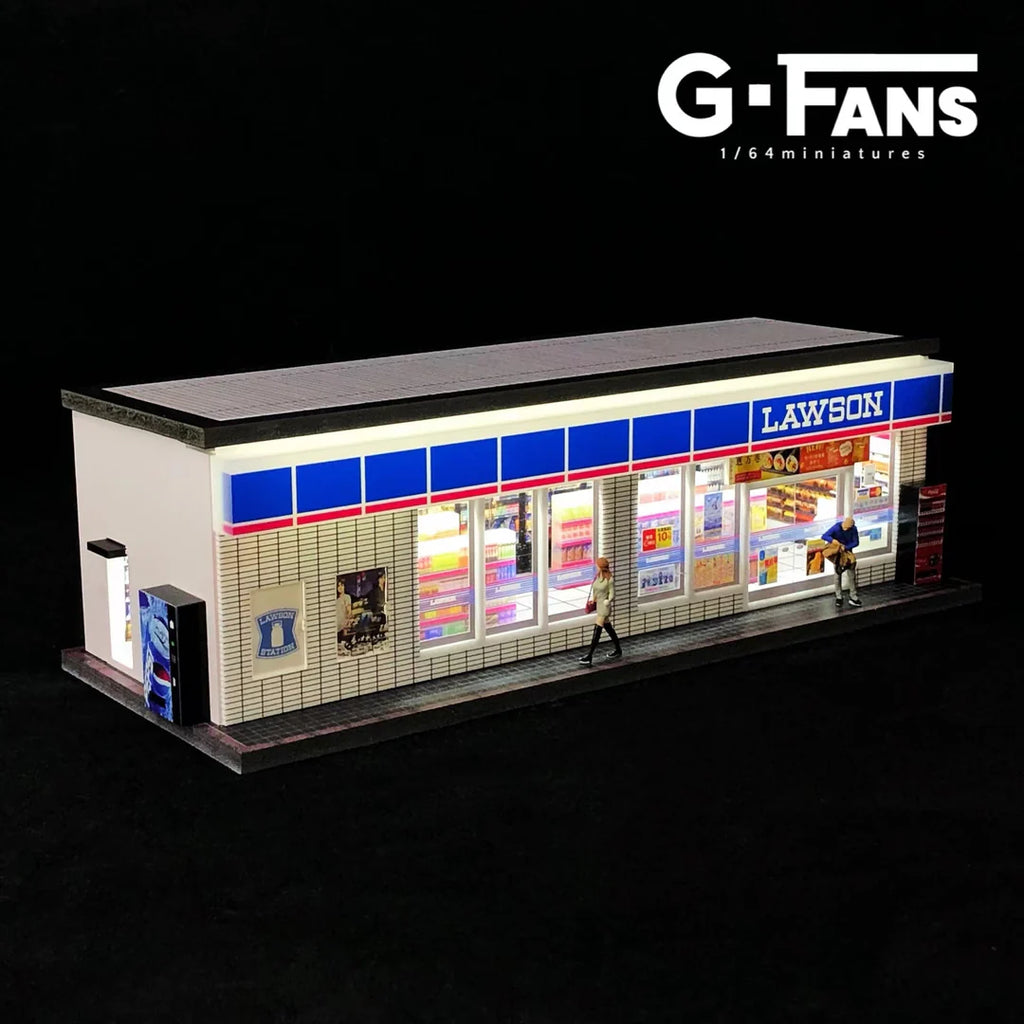 Front view of G-Fans 1:64 Lawson store diorama with LED signage lit up.