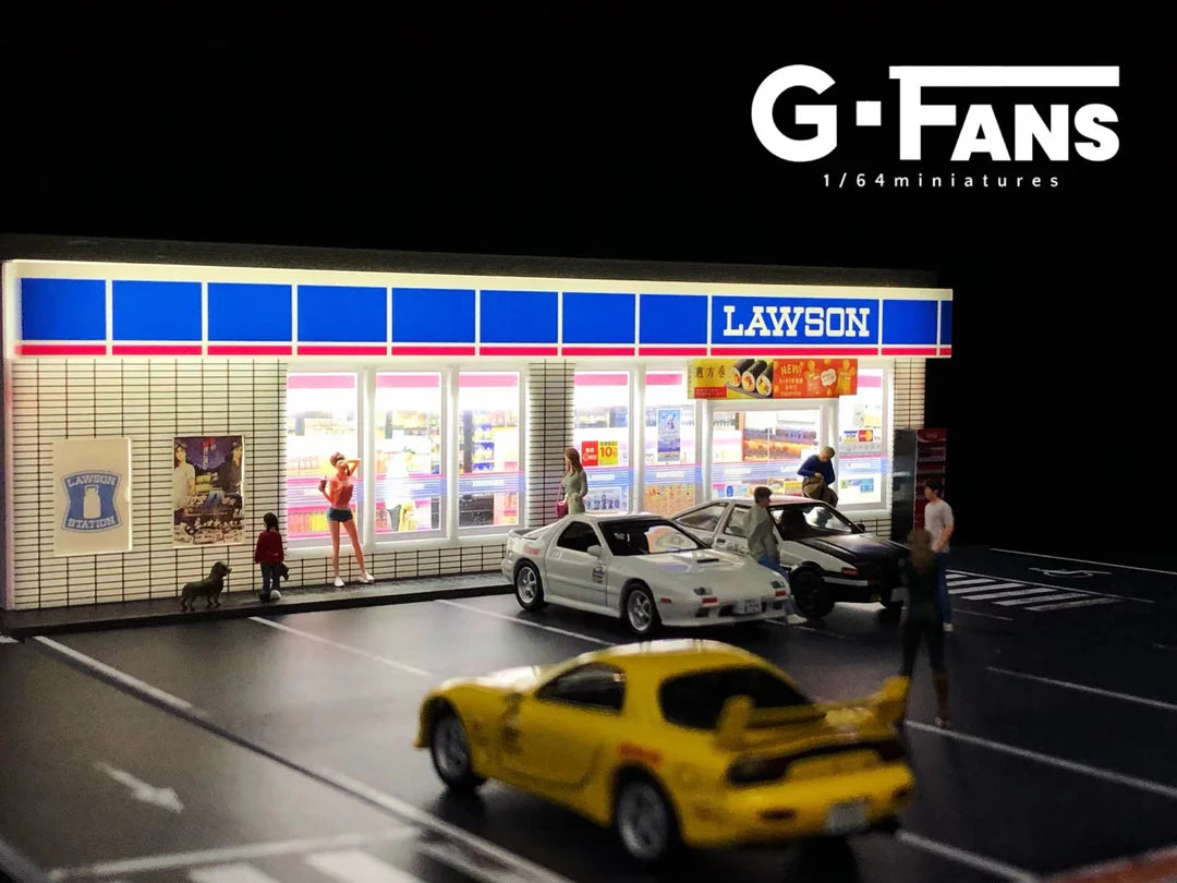 Front view of G-Fans 1:64 Lawson store diorama with LED signage lit up.