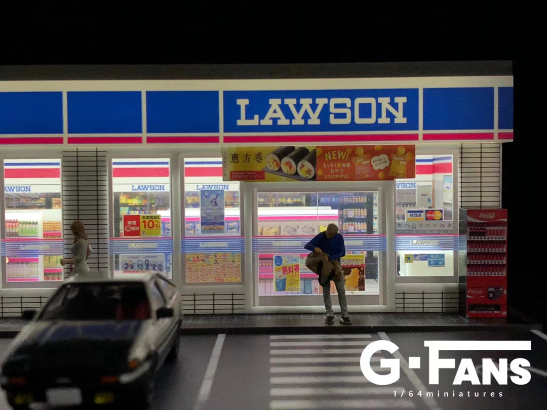 Close up of detailed convenience store interior with shelves and cashier.