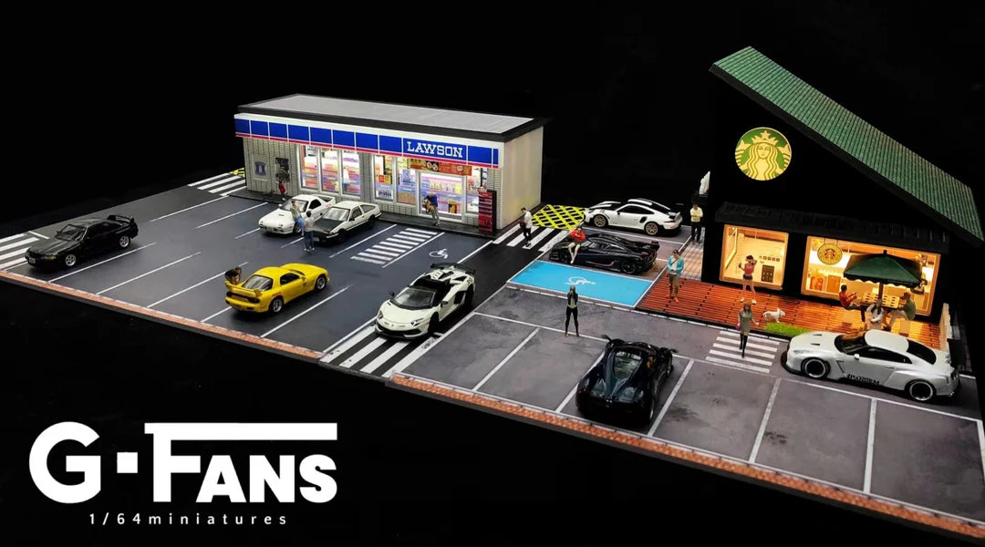 Overhead view of 1/64 scale parking lot with 12 spaces for model cars.