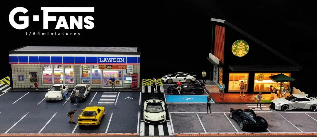 Overhead view of 1/64 scale parking lot with 12 spaces for model cars.