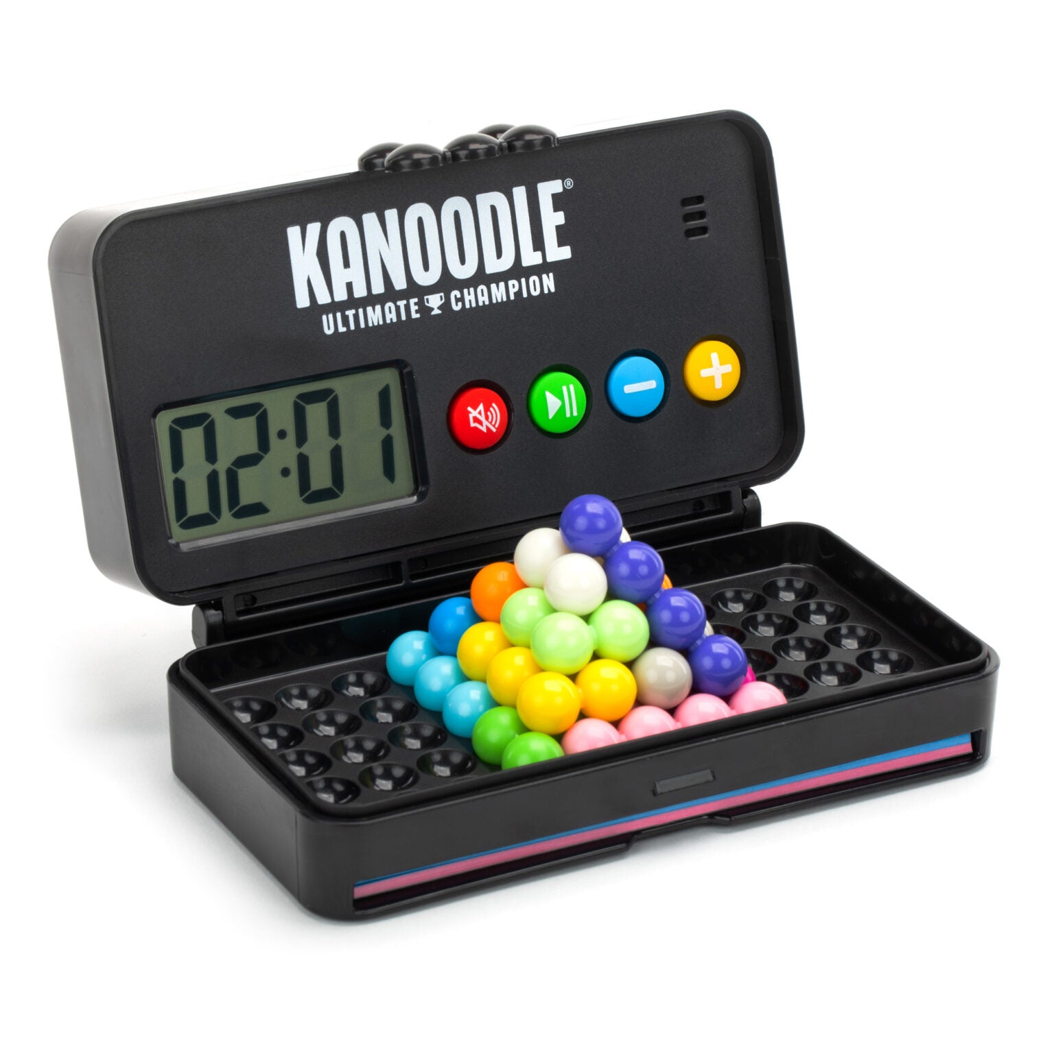 Kanoodle game with colorful marbles and digital display on a white background