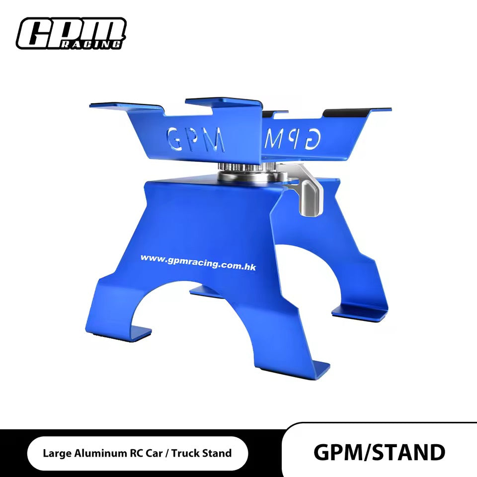 Blue GPM Racing large scale aluminium RC car stand on workbench