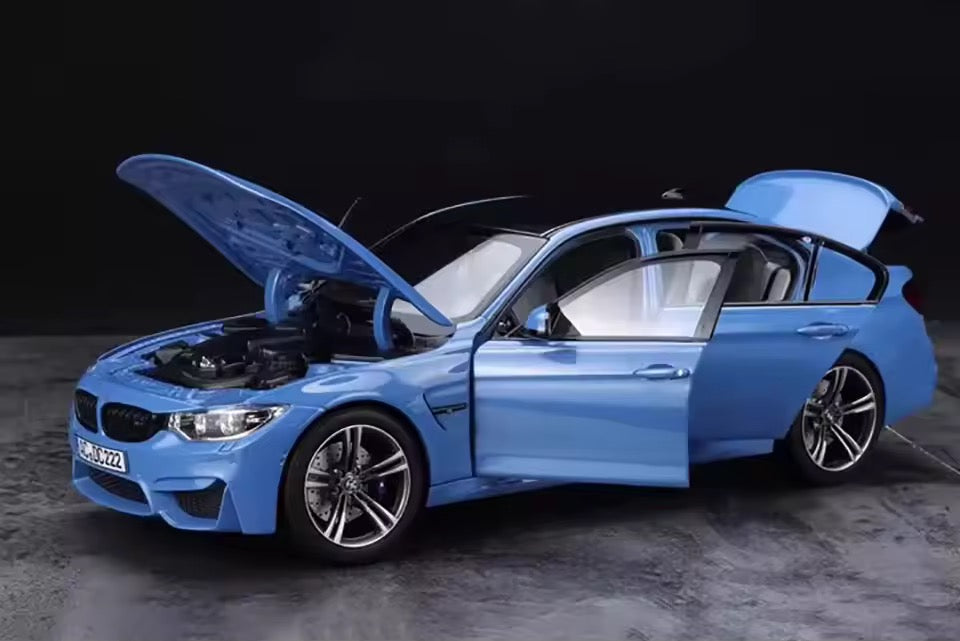 Norev 1:18 BMW M3 F80 diecast model showing opening hood, trunk, and doors with detailed engine