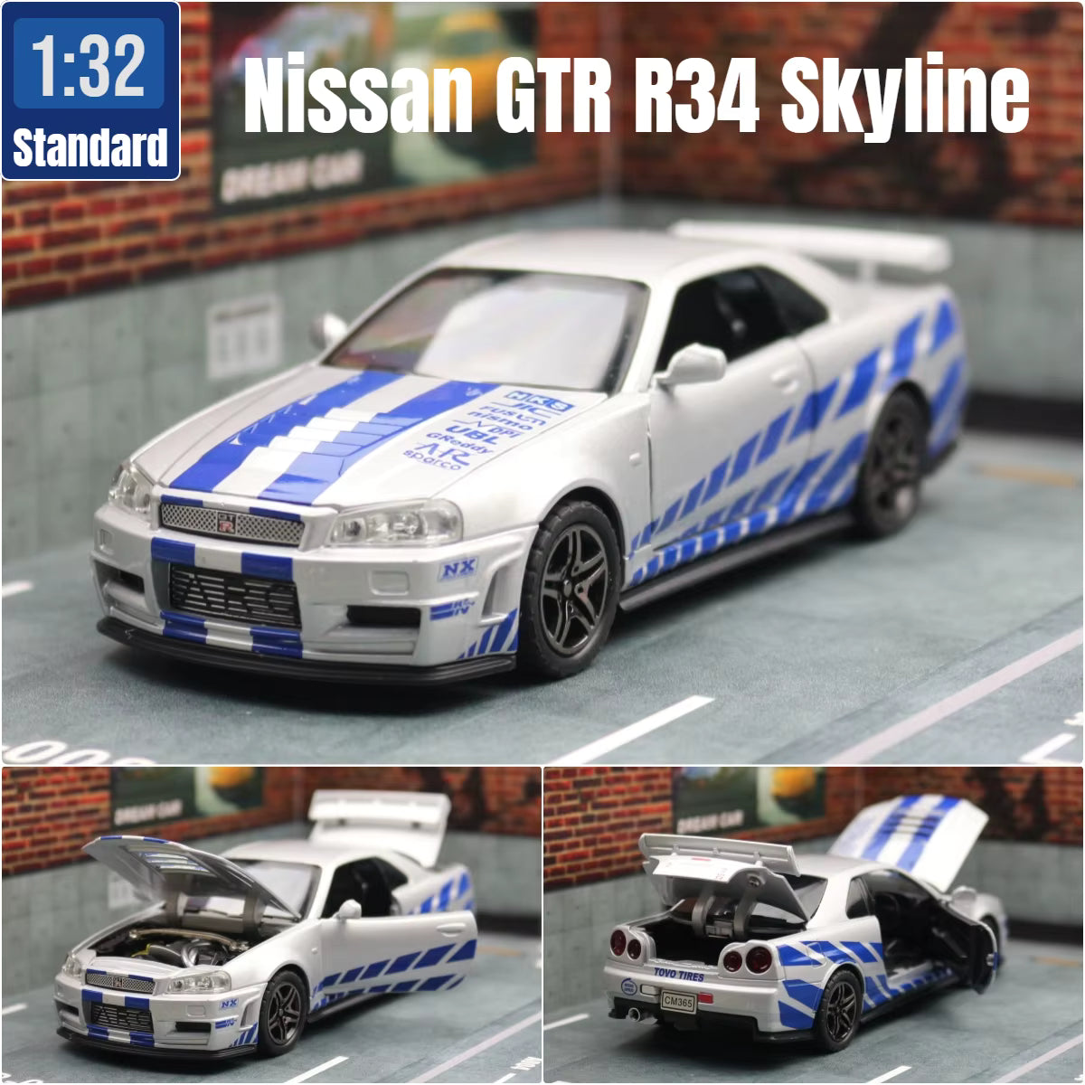 1:32 Nissan Skyline GT-R R34 diecast model in blue with racing graphics